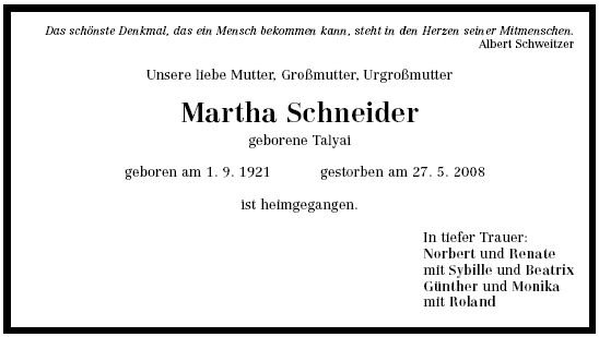 Talyai Martha 1921-2008 Todesanzeige